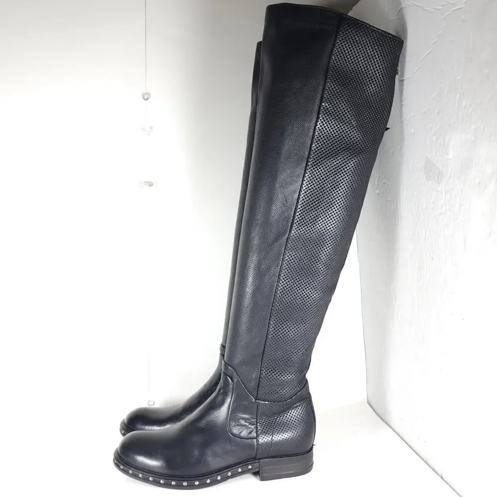 A.S.98 Women's US36 EU6 Black Soft Leather Zip Studded Tall Over The Knee Boots